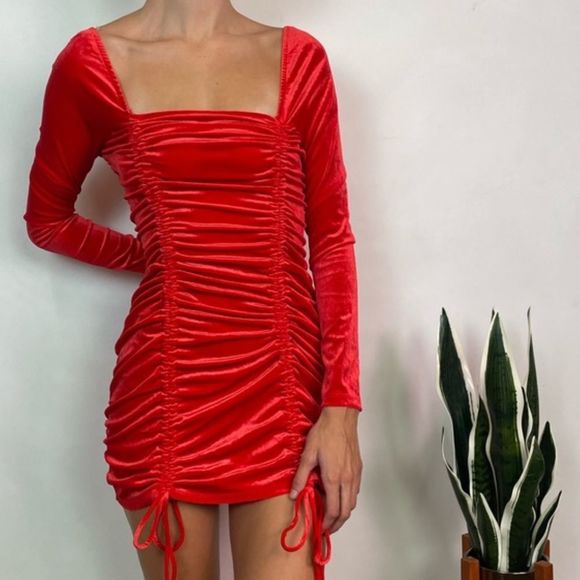 Wild Fable Red Ruched Velvet Mini Dress Bodycon Multiple Sizes - Picture 3 of 9